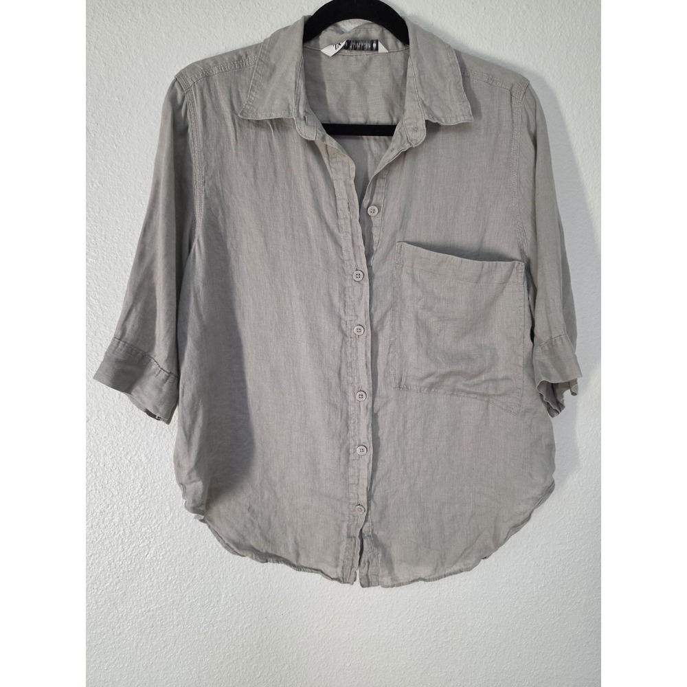 Zara Women Button-Up Shirt Size S Grey Collared 3/4 Sleeve Solid Blouse Top